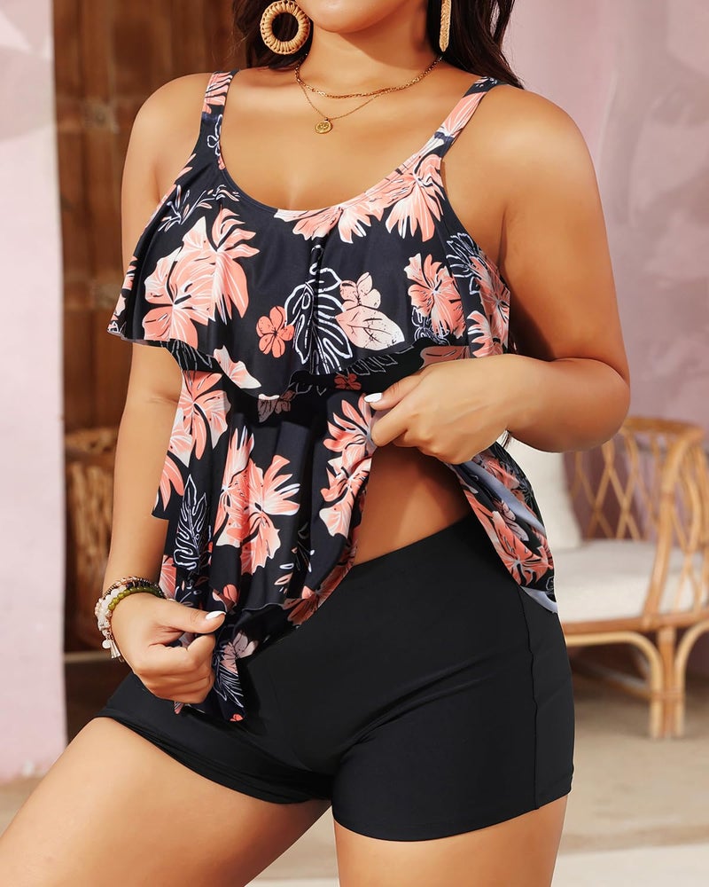 Yonique Women's Plus Size Tankini Swimsuits with Shorts Two Piece Bathing Suits Ruffle Swimsuits Tummy Control Swimwear Orange Floral 14W - Image 2
